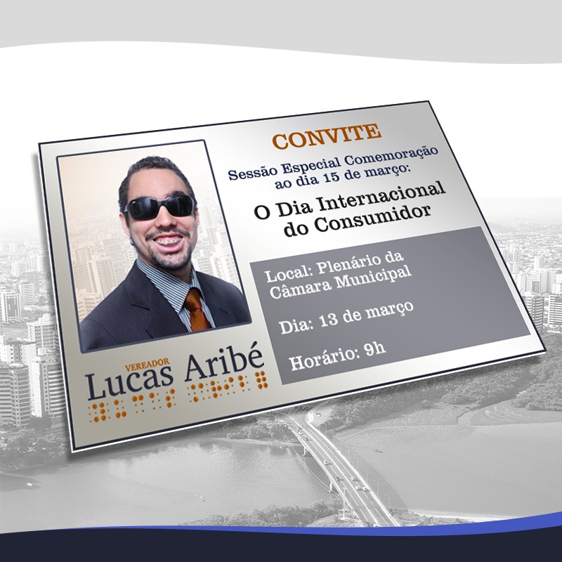 A imagem mostra um convite online do vereador Lucas Aribé contendo informações sobre a Sessão Especial